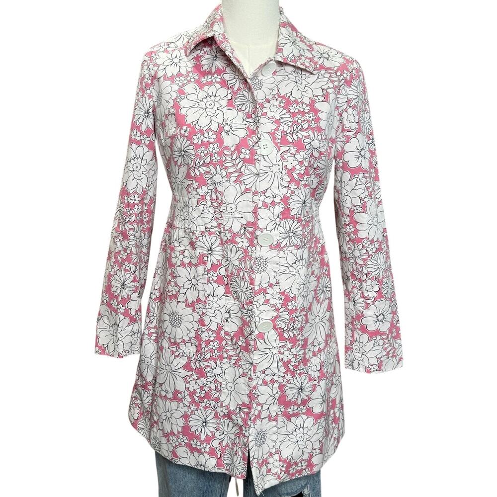 Ann Taylor LOFT Pink White Floral Longline Blazer Jacket Car Coat 4P - Picture 2 of 11